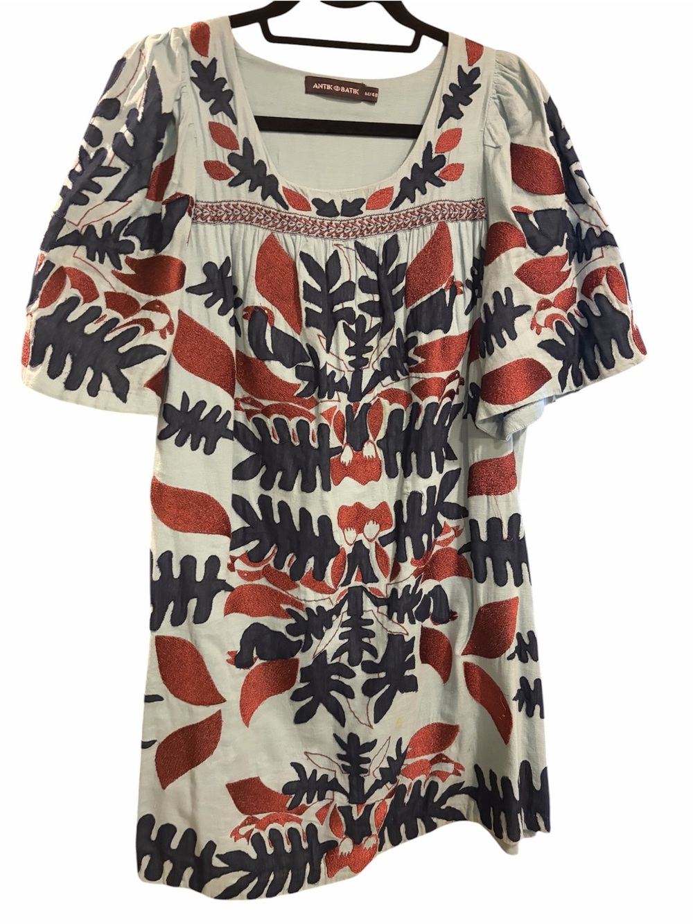 Antik Batik Cream Mini Dress with Blue and Rust Leaf Print